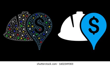 Glossy mesh helmet and money pointer icon with glow effect. Abstract illuminated model of helmet and money pointer. Shiny wire carcass triangular mesh helmet and money pointer icon.