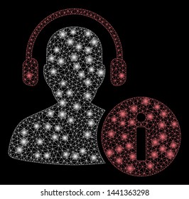 Glossy mesh help desk with glitter effect. Abstract illuminated model of help desk icon. Shiny wire carcass polygonal mesh help desk. Vector abstraction on a black background.