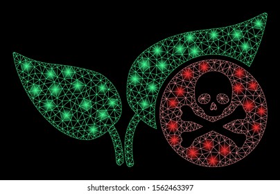 Glossy mesh herbicide with glare effect. Abstract illuminated model of herbicide icon. Shiny wire frame polygonal network herbicide. Vector abstraction on a black background.