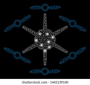 Glossy mesh hexacopter with lightspot effect. Abstract illuminated model of hexacopter icon. Shiny wire carcass polygonal mesh hexacopter. Vector abstraction on a black background.
