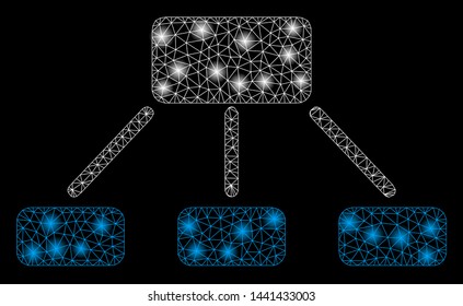 Glossy mesh hierarchy with glow effect. Abstract illuminated model of hierarchy icon. Shiny wire frame polygonal mesh hierarchy. Vector abstraction on a black background.