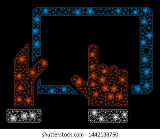 Glossy mesh hold smart pad with glare effect. Abstract illuminated model of hold smart pad icon. Shiny wire frame polygonal mesh hold smart pad. Vector abstraction on a black background.