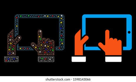 Glossy mesh hold smart pad icon with glare effect. Abstract illuminated model of hold smart pad. Shiny wire carcass triangular mesh hold smart pad icon. Vector abstraction on a black background.
