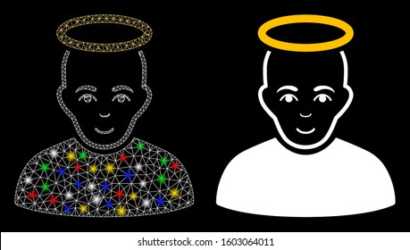 Glossy mesh holy man icon with glow effect. Abstract illuminated model of holy man. Shiny wire frame triangular network holy man icon. Vector abstraction on a black background.
