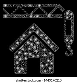 Glossy mesh home construction with glitter effect. Abstract illuminated model of home construction icon. Shiny wire carcass triangular mesh home construction. Vector abstraction on a black background.