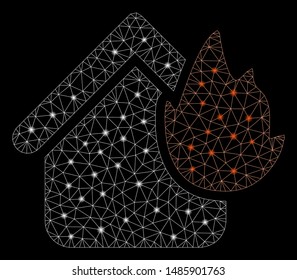 Glossy mesh home fire disaster with glitter effect. Abstract illuminated model of home fire disaster icon. Shiny wire carcass polygonal mesh home fire disaster.