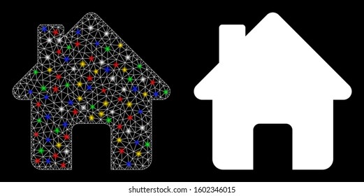 Glossy mesh home icon with glare effect. Abstract illuminated model of home. Shiny wire frame polygonal mesh home icon. Vector abstraction on a black background.