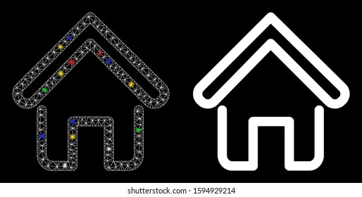 Glossy mesh home icon with glow effect. Abstract illuminated model of home. Shiny wire carcass polygonal mesh home icon. Vector abstraction on a black background.