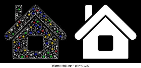 Glossy mesh home icon with sparkle effect. Abstract illuminated model of home. Shiny wire carcass triangular mesh home icon. Vector abstraction on a black background.