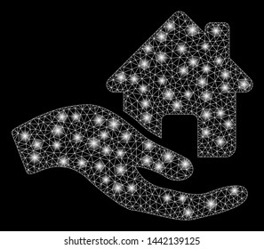 Glossy mesh home offer hand with sparkle effect. Abstract illuminated model of home offer hand icon. Shiny wire frame polygonal mesh home offer hand. Vector abstraction on a black background.