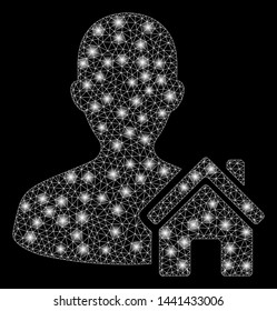 Glossy mesh home user with glare effect. Abstract illuminated model of home user icon. Shiny wire carcass triangular mesh home user. Vector abstraction on a black background.