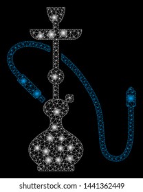 Glossy mesh hookah with glitter effect. Abstract illuminated model of hookah icon. Shiny wire frame triangular network hookah. Vector abstraction on a black background.