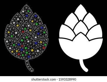 Glossy mesh hop bud icon with sparkle effect. Abstract illuminated model of hop bud. Shiny wire frame polygonal mesh hop bud icon. Vector abstraction on a black background.