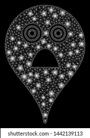 Glossy mesh horror smiley map marker with glitter effect. Abstract illuminated model of horror smiley map marker icon. Shiny wire frame polygonal mesh horror smiley map marker.