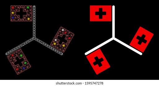 Glossy mesh hospital flags icon with glow effect. Abstract illuminated model of hospital flags. Shiny wire carcass triangular mesh hospital flags icon. Vector abstraction on a black background.
