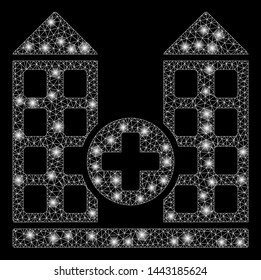 Glossy mesh hospital with lightspot effect. Abstract illuminated model of hospital icon. Shiny wire carcass triangular mesh hospital. Vector abstraction on a black background.