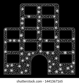 Glossy mesh hotel with lightspot effect. Abstract illuminated model of hotel icon. Shiny wire frame polygonal mesh hotel. Vector abstraction on a black background.