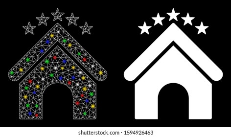Glossy mesh hotel stars icon with glare effect. Abstract illuminated model of hotel stars. Shiny wire frame triangular mesh hotel stars icon. Vector abstraction on a black background.