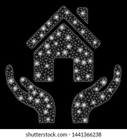 Glossy mesh house care hands with glitter effect. Abstract illuminated model of house care hands icon. Shiny wire frame polygonal mesh house care hands. Vector abstraction on a black background.