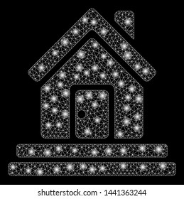 Glossy mesh house front door with glitter effect. Abstract illuminated model of house front door icon. Shiny wire frame triangular mesh house front door. Vector abstraction on a black background.