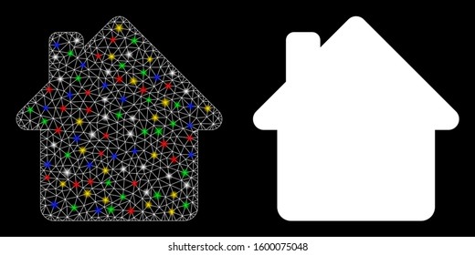 Glossy mesh house icon with sparkle effect. Abstract illuminated model of house. Shiny wire frame triangular mesh house icon. Vector abstraction on a black background.