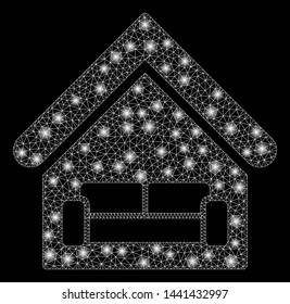 Glossy mesh house interrior with glare effect. Abstract illuminated model of house interrior icon. Shiny wire carcass polygonal mesh house interrior. Vector abstraction on a black background.