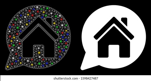 Glossy mesh house mention icon with glow effect. Abstract illuminated model of house mention. Shiny wire frame polygonal mesh house mention icon. Vector abstraction on a black background.