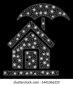 Glossy mesh house under umbrella with sparkle effect. Abstract illuminated model of house under umbrella icon. Shiny wire carcass triangular mesh house under umbrella.