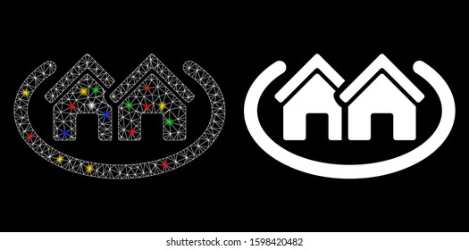 Glossy mesh houses area icon with glow effect. Abstract illuminated model of houses area. Shiny wire frame polygonal mesh houses area icon. Vector abstraction on a black background.