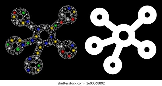 Glossy mesh hub links icon with glitter effect. Abstract illuminated model of hub links. Shiny wire carcass triangular network hub links icon. Vector abstraction on a black background.