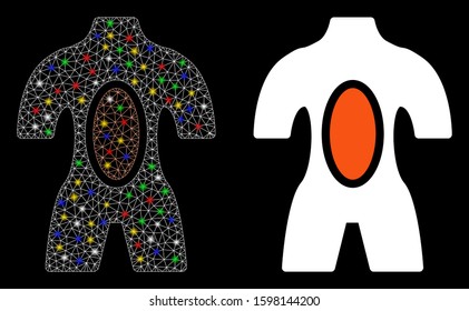 Glossy mesh human anatomy icon with glitter effect. Abstract illuminated model of human anatomy. Shiny wire carcass polygonal mesh human anatomy icon. Vector abstraction on a black background.