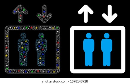 Glossy mesh human elevator icon with glitter effect. Abstract illuminated model of human elevator. Shiny wire carcass polygonal mesh human elevator icon. Vector abstraction on a black background.