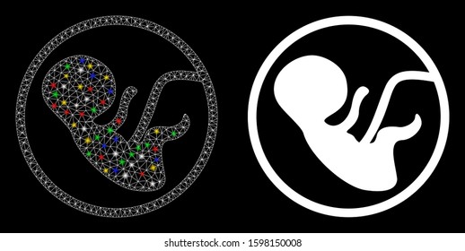 Glossy mesh human embryo icon with glow effect. Abstract illuminated model of human embryo. Shiny wire carcass triangular mesh human embryo icon. Vector abstraction on a black background.