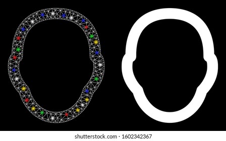 Glossy mesh human head icon with glow effect. Abstract illuminated model of human head. Shiny wire frame polygonal network human head icon. Vector abstraction on a black background.