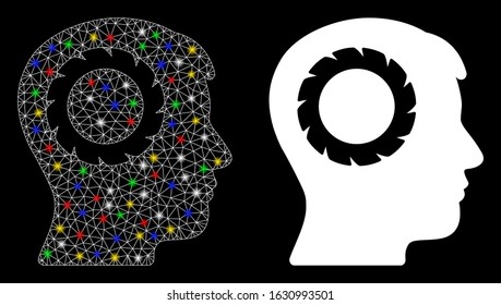 Glossy mesh human memory wheel icon with lightspot effect. Abstract illuminated model of human memory wheel. Shiny wire carcass polygonal mesh human memory wheel icon.