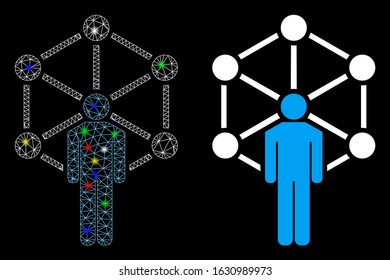 Glossy mesh human network icon with sparkle effect. Abstract illuminated model of human network. Shiny wire carcass polygonal mesh human network icon. Vector abstraction on a black background.