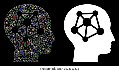 Glossy mesh human neural network icon with glitter effect. Abstract illuminated model of human neural network. Shiny wire carcass triangular network human neural network icon.