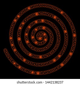 Glossy mesh hypnosis with glare effect. Abstract illuminated model of hypnosis icon. Shiny wire carcass polygonal mesh hypnosis. Vector abstraction on a black background.