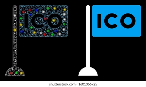 Glossy mesh ICO rectangle flag icon with glare effect. Abstract illuminated model of ICO rectangle flag. Shiny wire frame polygonal mesh ICO rectangle flag icon.
