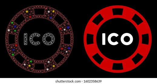 Glossy mesh ICO token icon with glow effect. Abstract illuminated model of ICO token. Shiny wire carcass polygonal mesh ICO token icon. Vector abstraction on a black background.