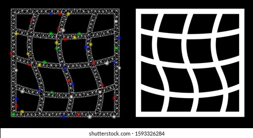 Glossy mesh icon with lightspot effect. Abstract illuminated model of mesh. Shiny wire frame triangular mesh icon. Vector abstraction on a black background.