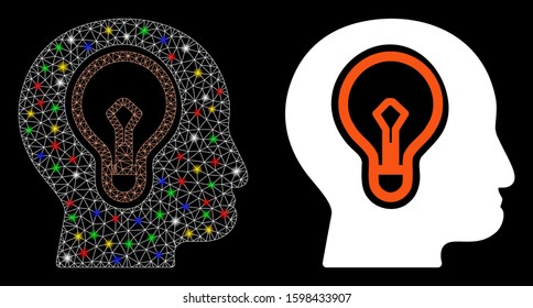 Glossy mesh idea bulb icon with glow effect. Abstract illuminated model of idea bulb. Shiny wire carcass polygonal mesh idea bulb icon. Vector abstraction on a black background.