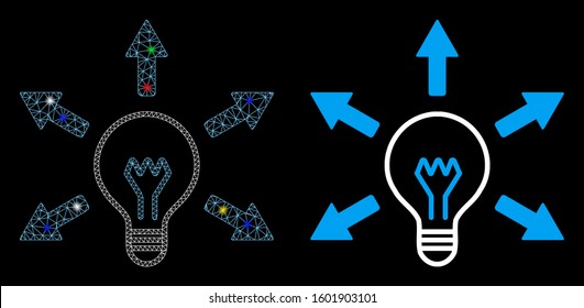 Glossy mesh idea bulb icon with glow effect. Abstract illuminated model of idea bulb. Shiny wire frame polygonal mesh idea bulb icon. Vector abstraction on a black background.