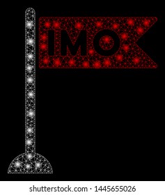 Glossy mesh IMO flag with glare effect. Abstract illuminated model of IMO flag icon. Shiny wire carcass triangular mesh IMO flag. Vector abstraction on a black background.