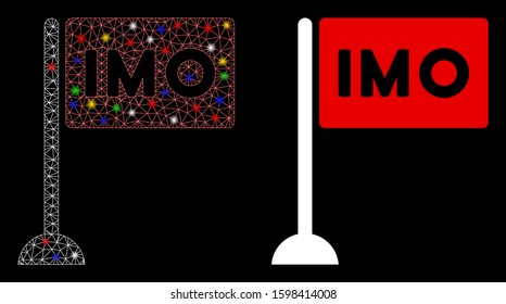 Glossy mesh IMO flag icon with glare effect. Abstract illuminated model of IMO flag. Shiny wire carcass triangular network IMO flag icon. Vector abstraction on a black background.