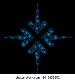 Glossy mesh impact arrows with glow effect. Abstract illuminated model of impact arrows icon. Shiny wire frame triangular network impact arrows. Vector abstraction on a black background.