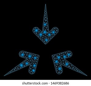 Glossy mesh impact arrows with sparkle effect. Abstract illuminated model of impact arrows icon. Shiny wire frame triangular network impact arrows. Vector abstraction on a black background.
