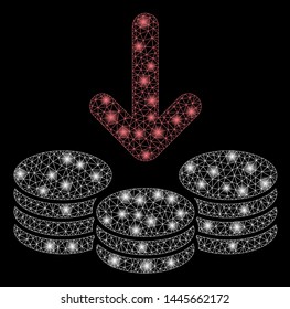 Glossy mesh income coins with sparkle effect. Abstract illuminated model of income coins icon. Shiny wire carcass polygonal mesh income coins. Vector abstraction on a black background.