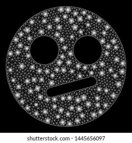 Glossy mesh indifferent smiley with lightspot effect. Abstract illuminated model of indifferent smiley icon. Shiny wire carcass triangular mesh indifferent smiley.