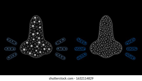 Glossy mesh infected nose with glare effect. Abstract illuminated model of infected nose icon. Shiny wire frame polygonal mesh infected nose icon. Vector abstraction on a black background.